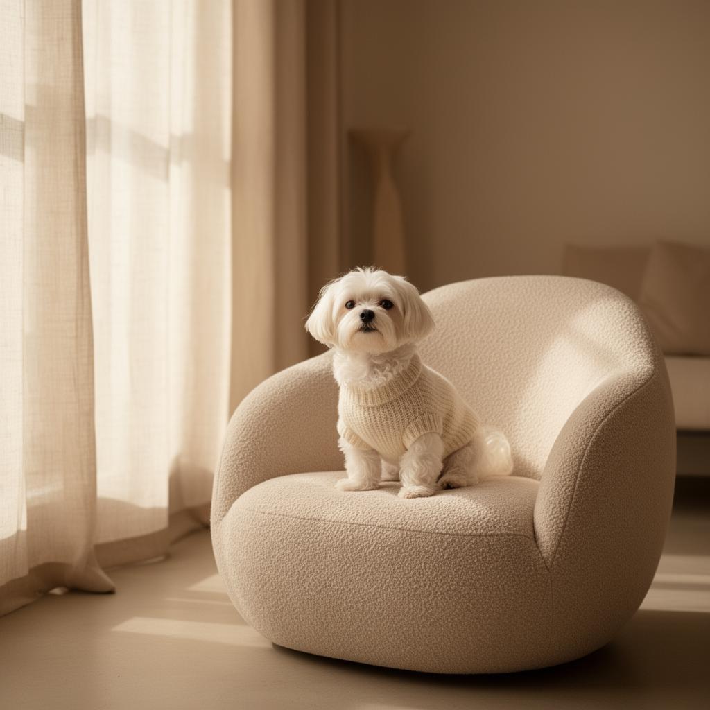 A small white dog in a knit sweater on a boucle armchair