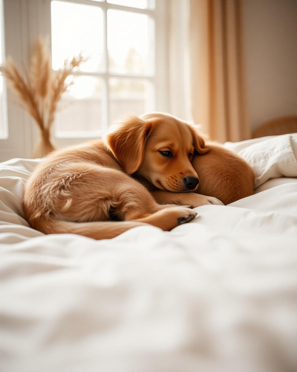 A puppy resting on a linen bed